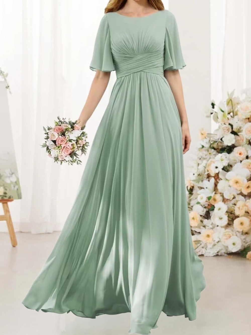 Elegant Sage Green Flutter Sleeve Maxi Dress